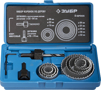 8шт, набор коронок по дереву 19-64мм ЗУБР