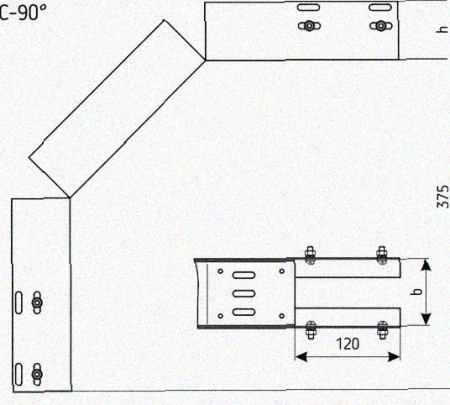 Лоток перфорированный КС 200х50-90 УХЛ1 для поворота трассы вниз на 90, горячее цинкование, S2,0