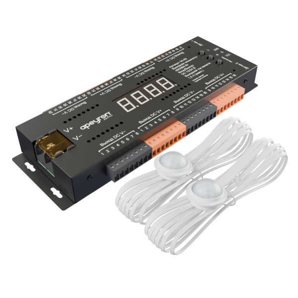 04-63 Контроллер для лестницы, 12В/24В, 480/960Вт, 32CH*1,5А, IP20, 199х63х22,5, 4 реж., 10 скор., черный APEYRON