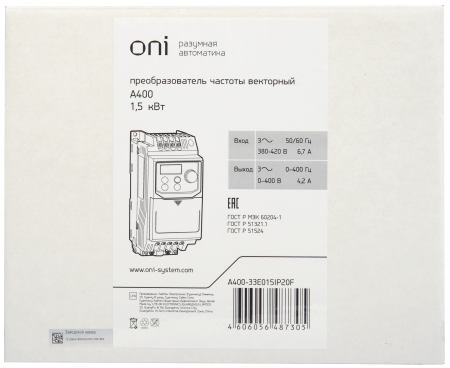 Преобразователь частоты A400 380В 3Ф 1,5кВт 4А серии ONI