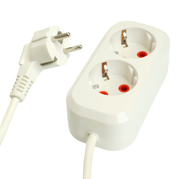 Удлинитель двухместный с/з STEKKER HM06-21-02 3x1мм², 2м, серия Home (У10-001), белый