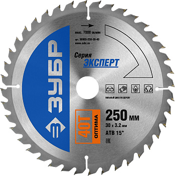 Оптима 250 x 30мм 40Т, диск пильный по дереву ЗУБР