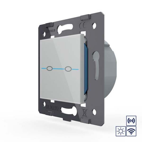 Двухклавишная импульсная сенсорная кнопка Quadro сухой контакт с радиоупр., серый (механизм) Livolo
