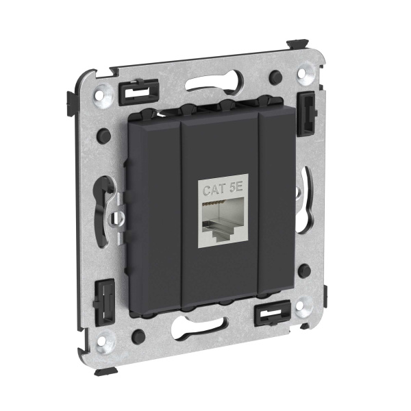 Компьютерная розетка RJ-45 без шторки в стену, кат.5e одинарная экранированная, "Avanti", "Черный матовый" DKC