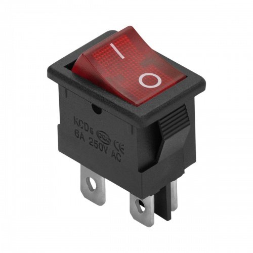 Выключатель клавишный красный с подсветкой ВКЛ-ВЫКЛ 4 контакта 250В 6А прямоугольный duwi