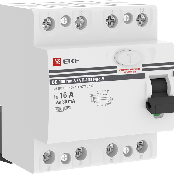 Устройство защитного отключения УЗО ВД-100 4П 16А/30мА (эл-мех, тип А) PROxima EKF