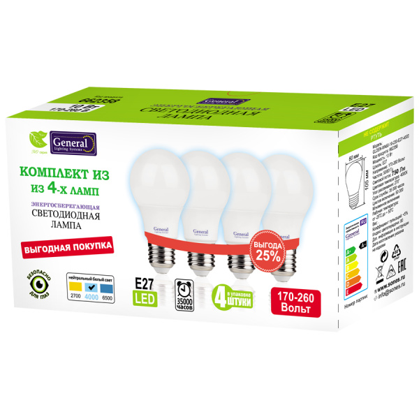 GLDEN-WA60-10-230-E27-4000 1/10/100 Упаковка 4 шт General