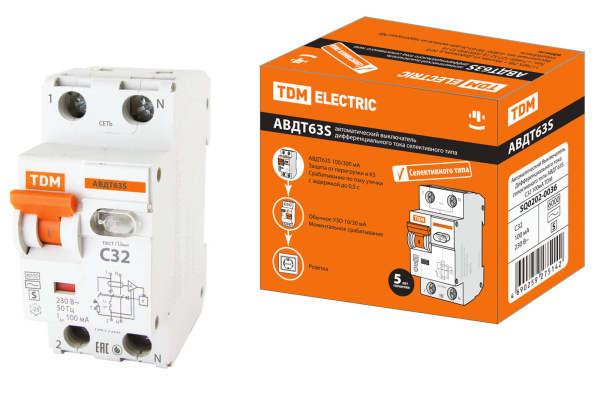 Дифференциальный автоматический выключатель АВДТ 63S 2П (1П+N) 32А С 100мА 6кА тип АС TDM