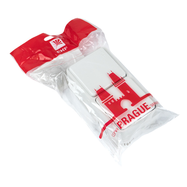 Прага Блок розетка-выключатель 1-кл, 16А с/з с крышкой IP44 белая EKF