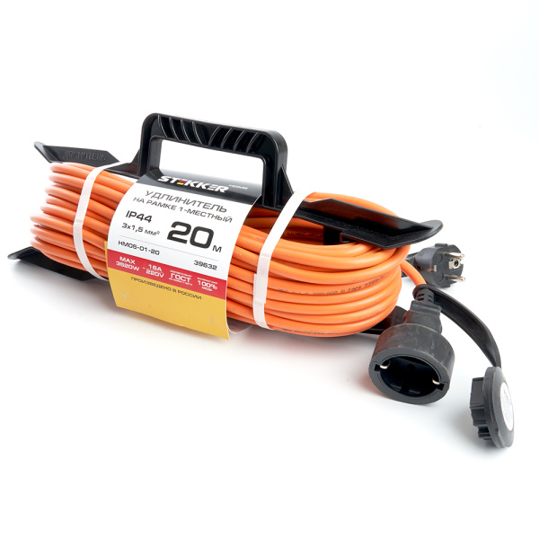 Удлинитель-шнур на рамке 1-местный с/з Stekker, HM05-01-20 (US1), 3*1,5мм², 20м, 220В, 16А, Home, оранжевый (US1)