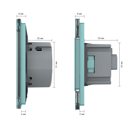 Сенсорный выключатель комбинированный на 2 линии 2 розетки 3 модуля Зеленый Livolo
