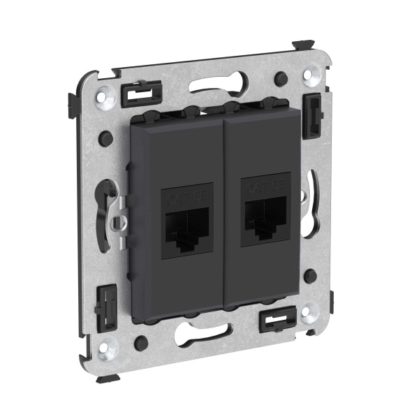 Компьютерная розетка RJ-45 без шторки в стену, кат.5е двойная, "Avanti", "Черный матовый" DKC