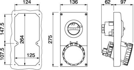 Розетка с механической блокировкой и верхним размещением разъема. 63А, 3P+N+E DKC