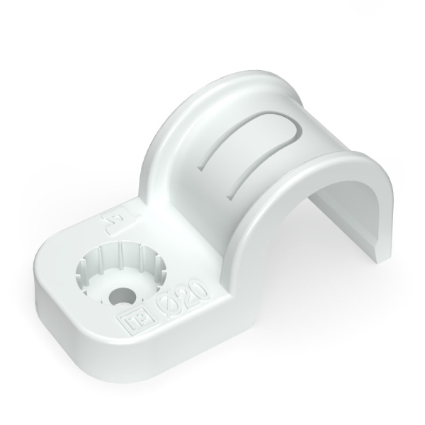 Крепеж-скоба пластиковая односторонняя для прямого монтажа атмосферостойкая белая в п/э d20 мм (50шт/600шт уп/кор) Промрукав