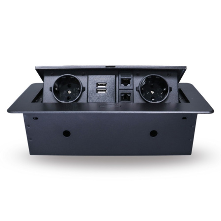 Розетка горизонтальная выдвижная 2 Euro 16А, 2 USB A с блоком 5В/2.1А, 2 RJ45 RocketSocket, проводка, цвет черный