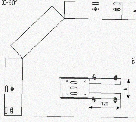 Лоток перфорированный КС 50х50-90 УТ1,5 для поворота трассы вниз на 90, оцинкованный лист S0,8