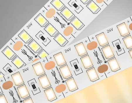 Светодиодная лента трехрядная GS3901 2835 324Led/ 26W m/ 24V IP20 3000K/ 5000*18*1.2mm/ кратность резки 18.5mm (2 конт.) Ambrella Light