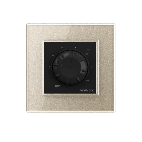 Терморегулятор Welrok RTP для рамки LIVOLO с механическим управлением, датчик пола 3 м, цвет черный с рамкой шампань Терморегулятор Welrok RTP для рамки LIVOLO с механическим управлением, датчик пола 3 м, цвет черный с рамкой шампань