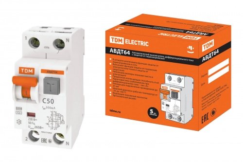 Дифференциальный автоматический выключатель АВДТ 64 2П (1П+N) 50А С 300мА тип А защита 265В TDM фото 2