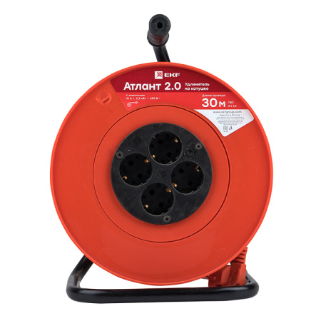 Удлинитель на катушке "Атлант 2,0" 4 гнезда 40м с заземлением ПВС 3*1,0 10А/2,2кВт PROxima EKF