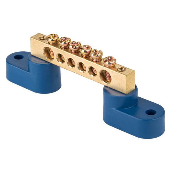 Шина "0" N (6х9мм) 6 отверстий латунь 2 синих угловых изолятора PROxima EKF