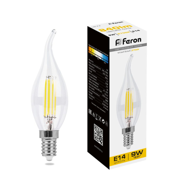 Лампа светодиодная Feron LB-74 Свеча на ветру прозрачн. E14 9W 2700K