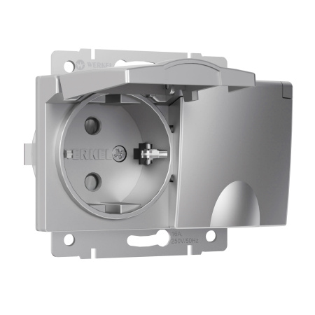 Розетка двойная влагозащ. с зазем. с защит. крышками и шторками (серебряный) СУ IP44 Werkel
