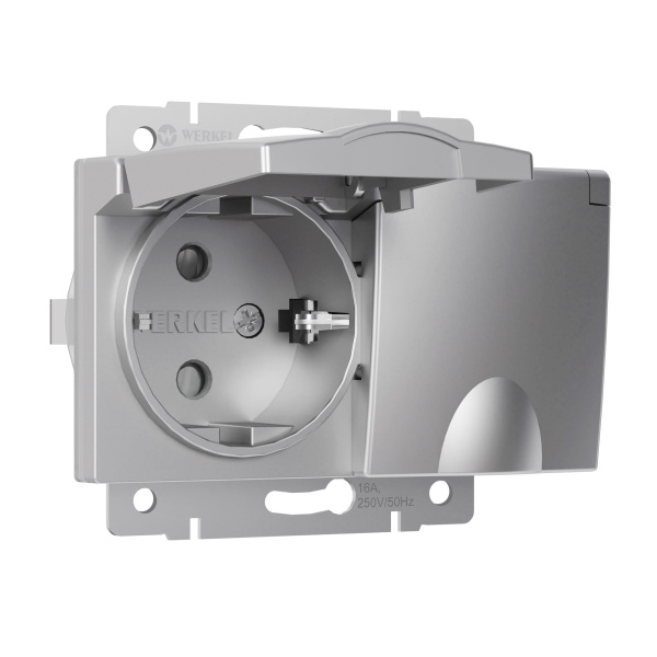 Розетка двойная влагозащ. с зазем. с защит. крышками и шторками (серебряный) СУ IP44 Werkel Розетка двойная влагозащ. с зазем. с защит. крышками и шторками (серебряный) СУ IP44 Werkel