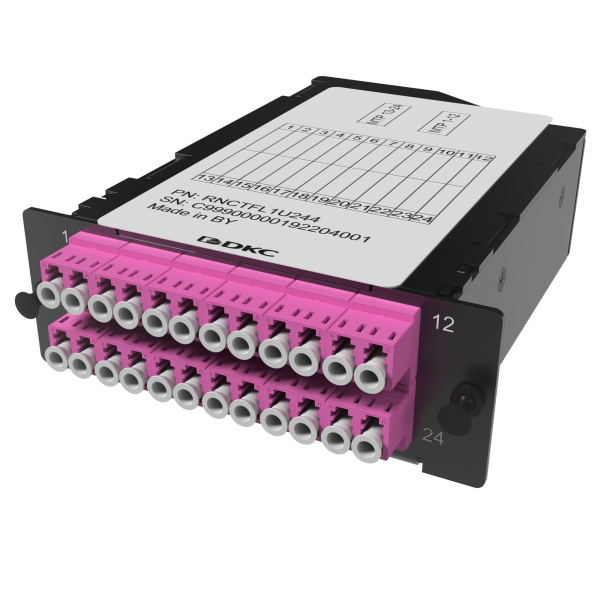 Претерминированная кассета 24ОВ 50/125 OM4, 2xMTP(12)f/12xLC Duplex, 1 HU DKC