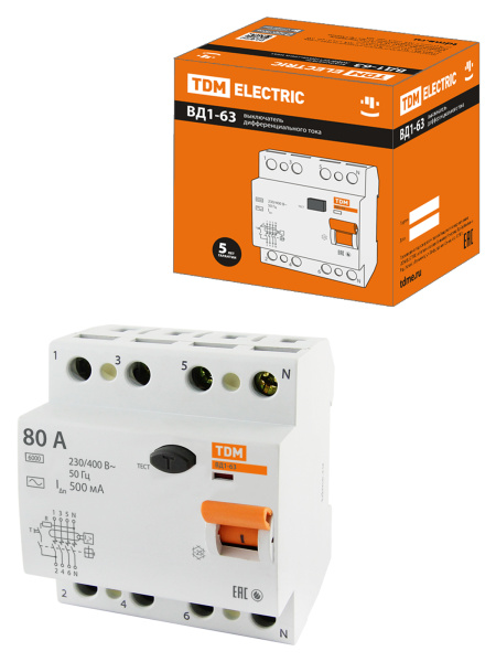 Устройство защитного отключения УЗО ВД1-63 4П 80А 500мА TDM