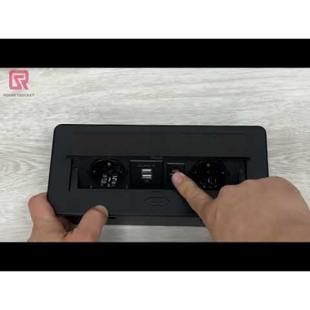 Розетка горизонтальная выдвижная 2 Euro 16A, 2 USB A с блоком 5В/2.1А, RJ45 RocketSocket, цвет черный
