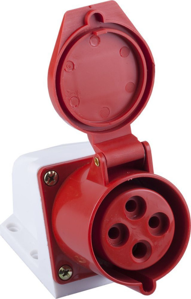 Розетка угловая STEKKER PST32-41-4411 настенная для силовых кабелей сечением 2,5-6 мм², 3 PIN+PE нейлон/латунь 415В, 32А, IP44, красная