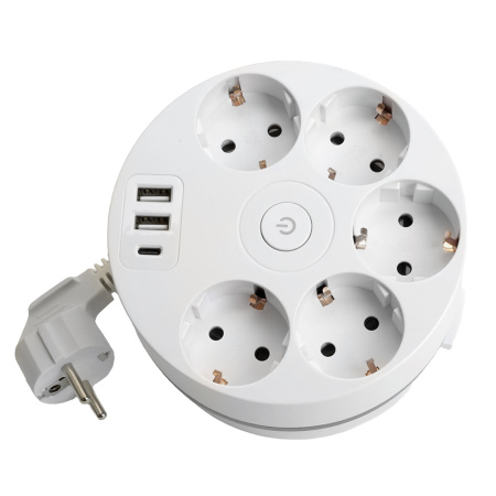 HM10-51-01 Удлинитель 5-местный с/з, 3x1мм², 2.5м, 250В, 16А, 2USB+С 5V 3,1А, серия Comfort, белый STEKKER