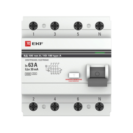 Устройство защитного отключения ВД-100 УЗО 4П 63А (электр, тип А) 4,5кА 30мА PROxima EKF