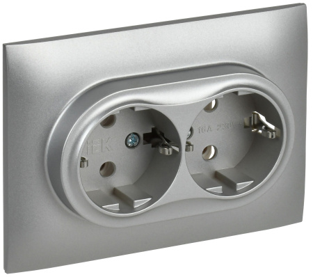 SKANDY Розетка 2-местная с заземлением без защитных шторок 16А в сборе SK-R08S серебряный IEK