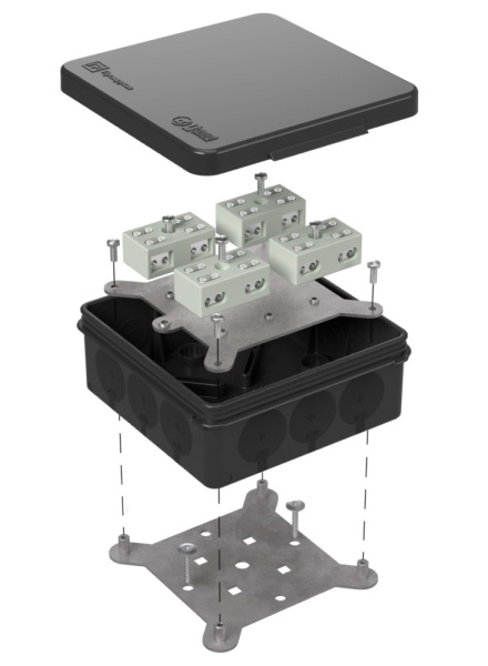 Коробка огнестойкая разветвительная для о/п двухкомпонентная 60-0303-9005-FR6.0-4-8-Р Е15-Е60 100х100х40 RAL9005 Промрукав (17 шт/уп)