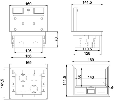 Donel Лючок в пол 8 мод. (4 мод. 45х45 мм.), крышка ABS + гальванизированная стальная вставка