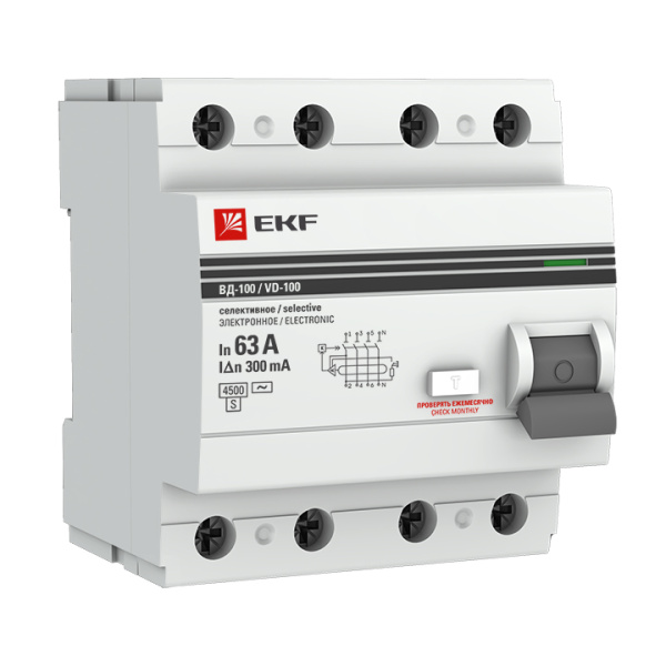 Устройство защитного отключения ВД-100 селективное УЗО 4П 63А (электронное) 4,5кА 300мА PROxima EKF