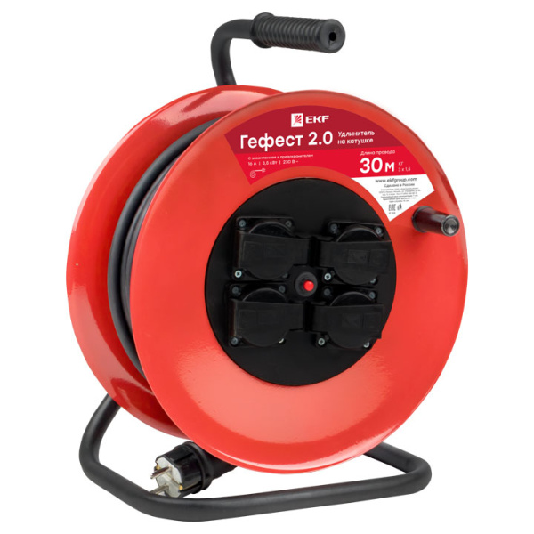 Удлинитель на катушке "Гефест 2,0" 4 гнезда 50м с заземлением и предохранителем КГ 3*1,5 16А/3,5кВт IP44 PROxima EKF