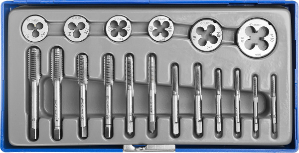 18 предметов, набор метчиков и плашек в пластиковом боксе, сталь 9ХС ЗУБР