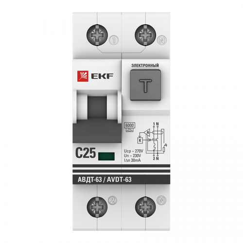Дифференциальный автоматический выключатель АВДТ-63 25А 30мА (характеристика С, электронный, тип АС) 6кА PROxima EKF фото 2