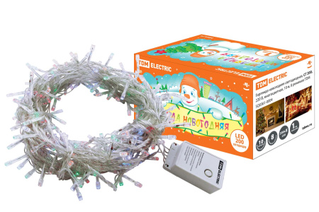 Гирлянда новогодняя светодиодная, СГ 200, 220 В, многоцветная, 10 м, 8 режимов TDM
