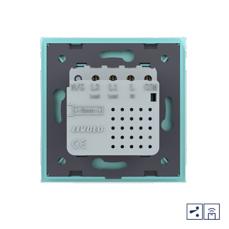 Двухклавишный проходной сенсорный выключатель Module с функцией радиоуправления, цвет зеленый Livolo