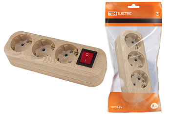 Колодка розеточная 3 гнезда 2П+3 с выключателем16А 250В "Эко" (сосна) TDM