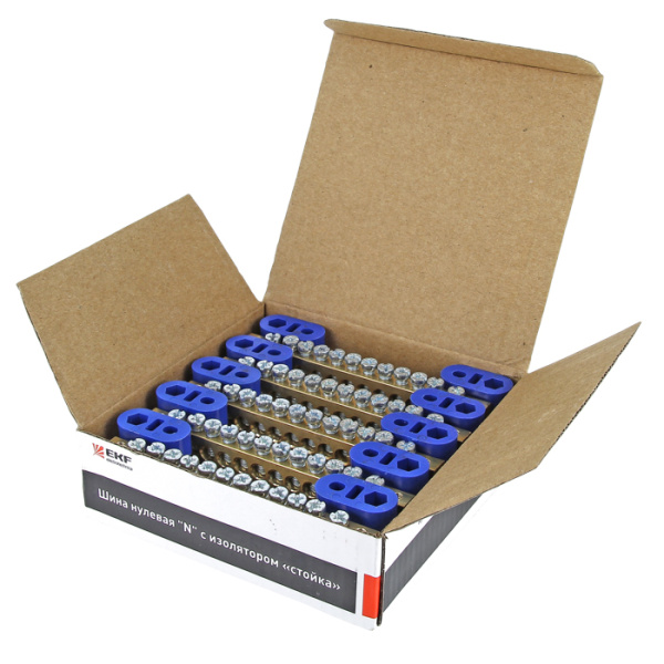 Шина "0" N (8х12мм) 12 отверстий латунь 2 синих угловых изолятора PROxima EKF