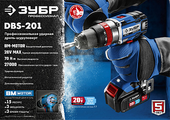 20В бесщеточная ударная дрель-шуруповерт, 2 АКБ (2Ач), в кейсе, Профессионал. DBS-201-22 ЗУБР