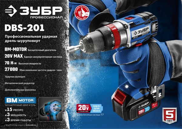 20В бесщеточная ударная дрель-шуруповерт, без АКБ, в коробке, Профессионал. DBS-201 ЗУБР
