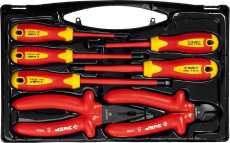 Набор: Губцевый инструмент, диэлектрический, высоковольтный до ~1000В, маслобензостойкая рукоятка, 7предм, Профессионал 2214-H7 ЗУБР