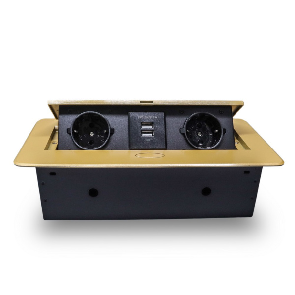 Розетка горизонтальная выдвижная 2 Euro 16А, 2 USB A с блоком 5В/2.1А RocketSocket, проводка, цвет золотой