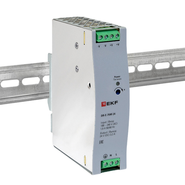 Блок питания на DIN рейку 75Вт, Uвх ~ 220 В AC, Uвых - 24 В DC постоянного тока EKF
